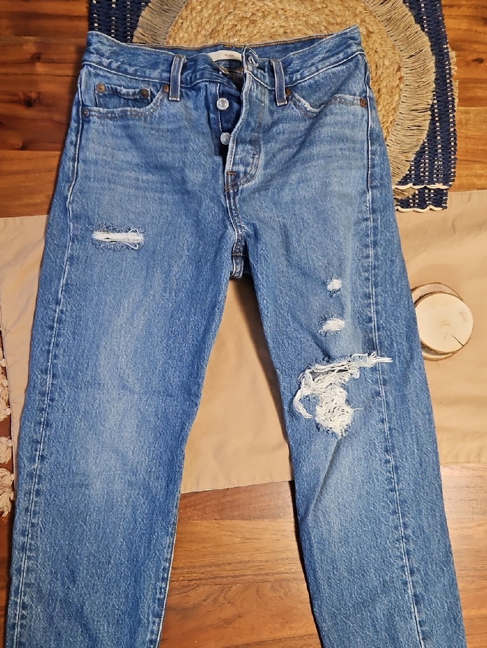 Levi Classic Straight-Leg Distressed Blue Jeans